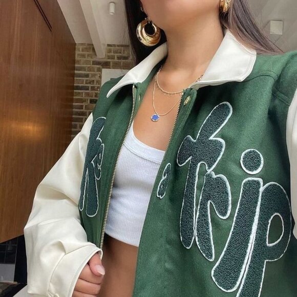 HOUSE OF SUNNY TAKE A TRIP GREEN VARSITY BOMBER JACKET - Picture 2 of 4